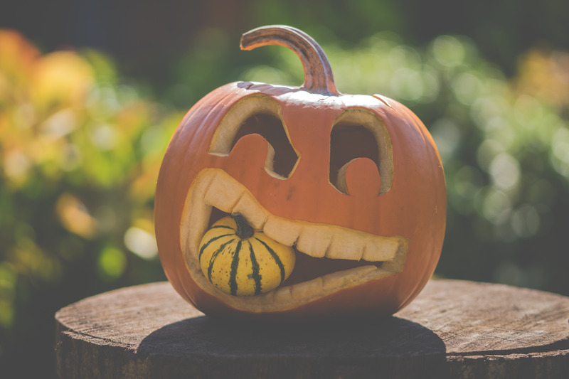 A jack-o-lantern has a mini gourd in its mouth. There are many trick-or-treating alternatives that will help your family enjoy Halloween in 2020 despite the COVID-19 pandemic, like having fun with Halloween decor.
