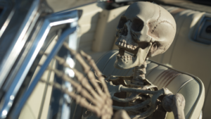 As a Halloween gag, a skeleton sits in the front seat of a vehicle.